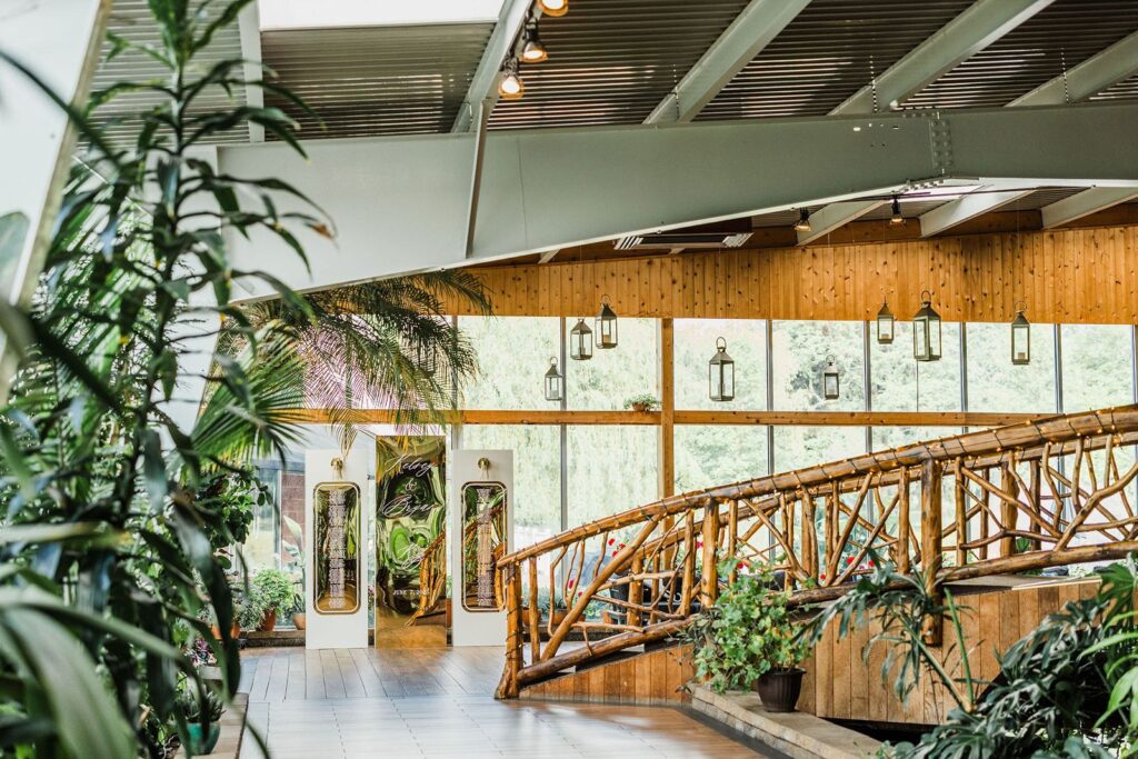 Glass atrium at Flowerfield St James wedding venue.